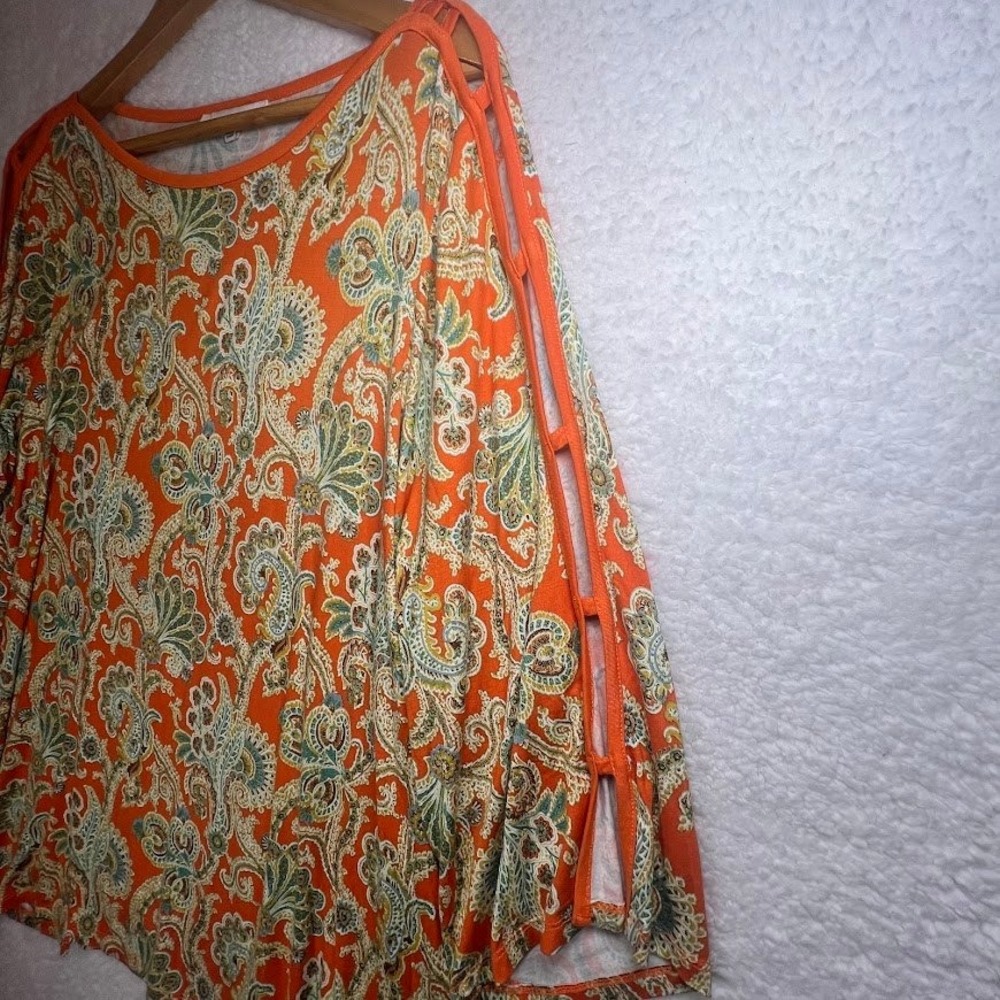 Boho Paisley Blouse 2X Orange Flowy Tunic Cutout Sleeve Resort Top - Picture 2 of 11
